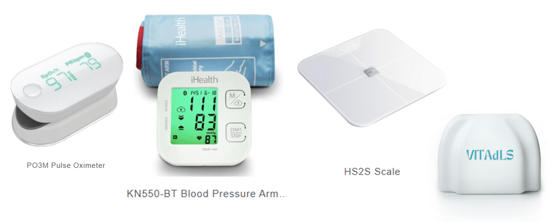 A pulse oximeter, blood pressure cuff, scale, and VITAdlS Gateway - a palm-sized device. 