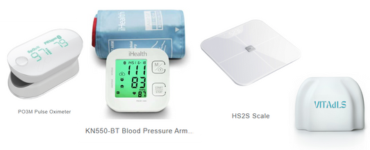 A pulse oximeter, blood pressure cuff, scale, and VITAdlS Gateway - a palm-sized device. 