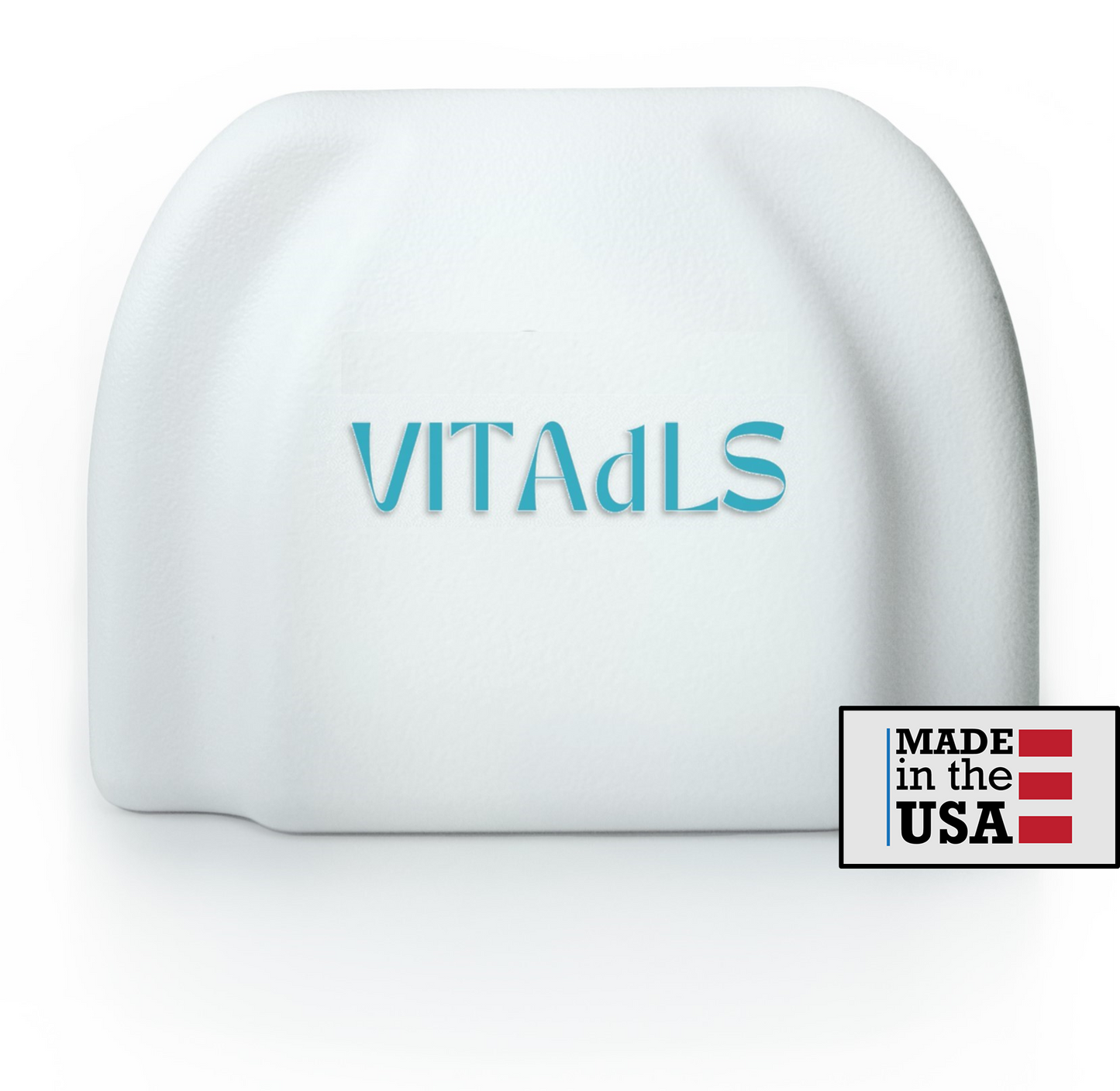 Image of a VITAdLS Gateway - a palm-sized white, squarish device. 