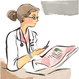 A doctor reads a report of an older adult patient's health. 