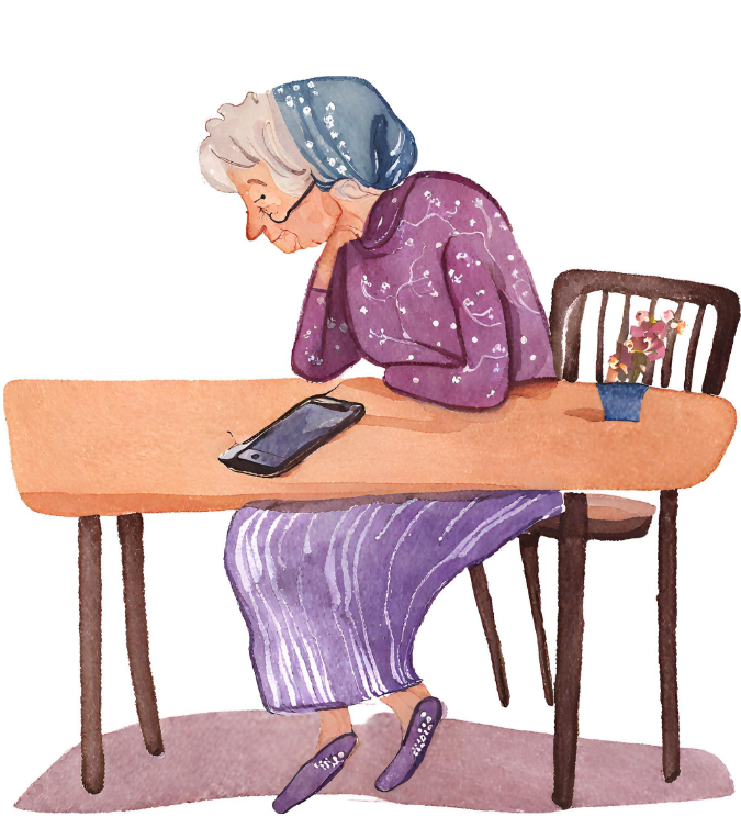 An older adult woman sits at a table while looking confusedly at a cell phone. 