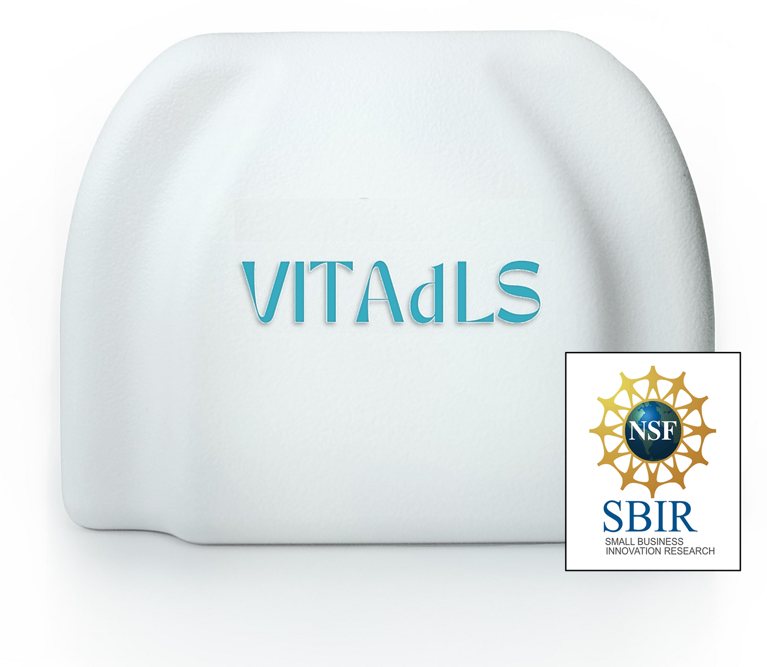 White, rectangular device with the brand name "VITAdLS" on the front and the logo of the National Science Foundation: Small Business Innovation Research logo overlaid in the bottom righthand corner of the image. 